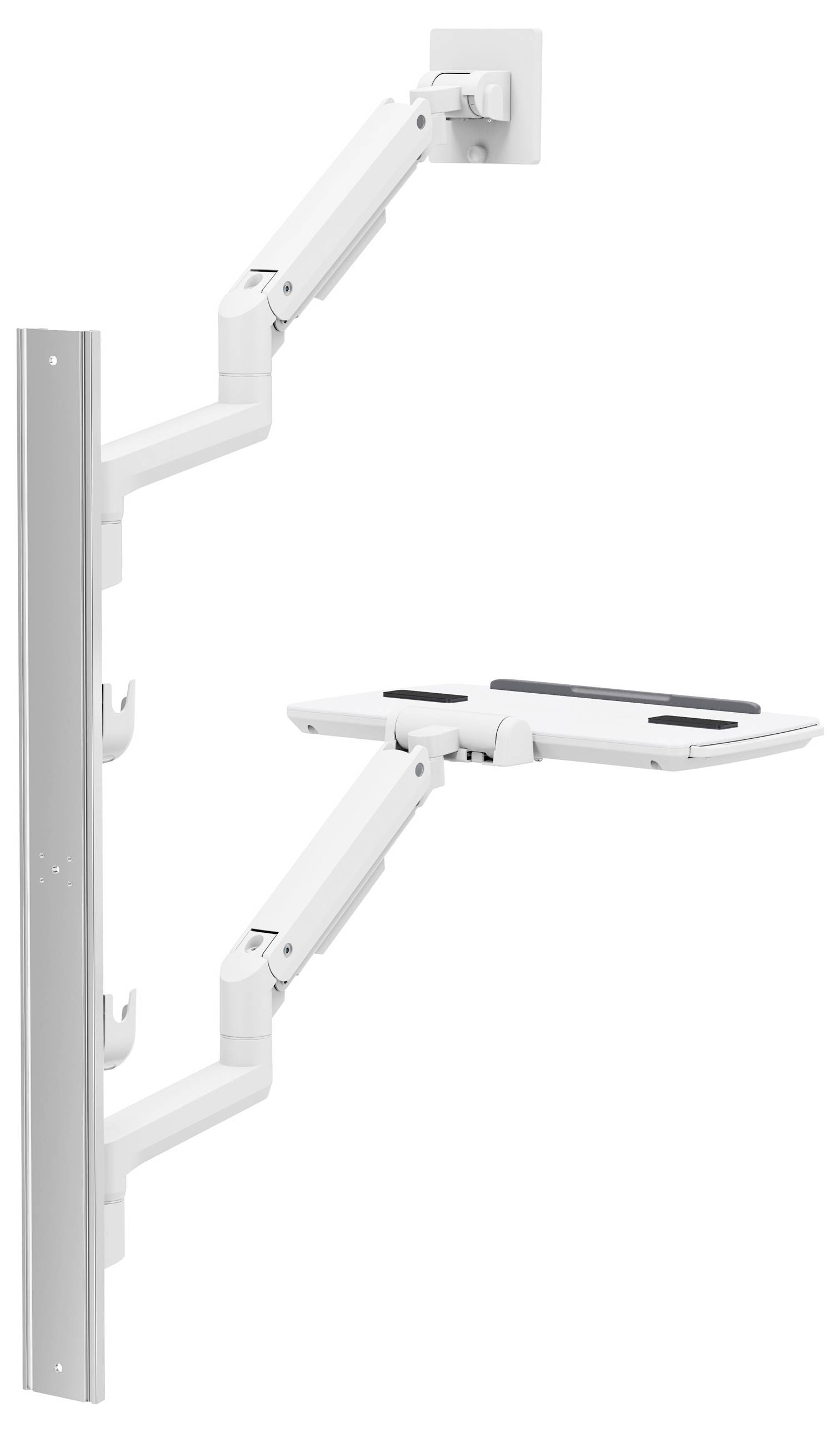 Ein weißer, verstellbarer Wandhalter für Geräte, der mehrere Gelenke für hohe Flexibilität und eine flache Oberfläche zur Ablage besitzt.