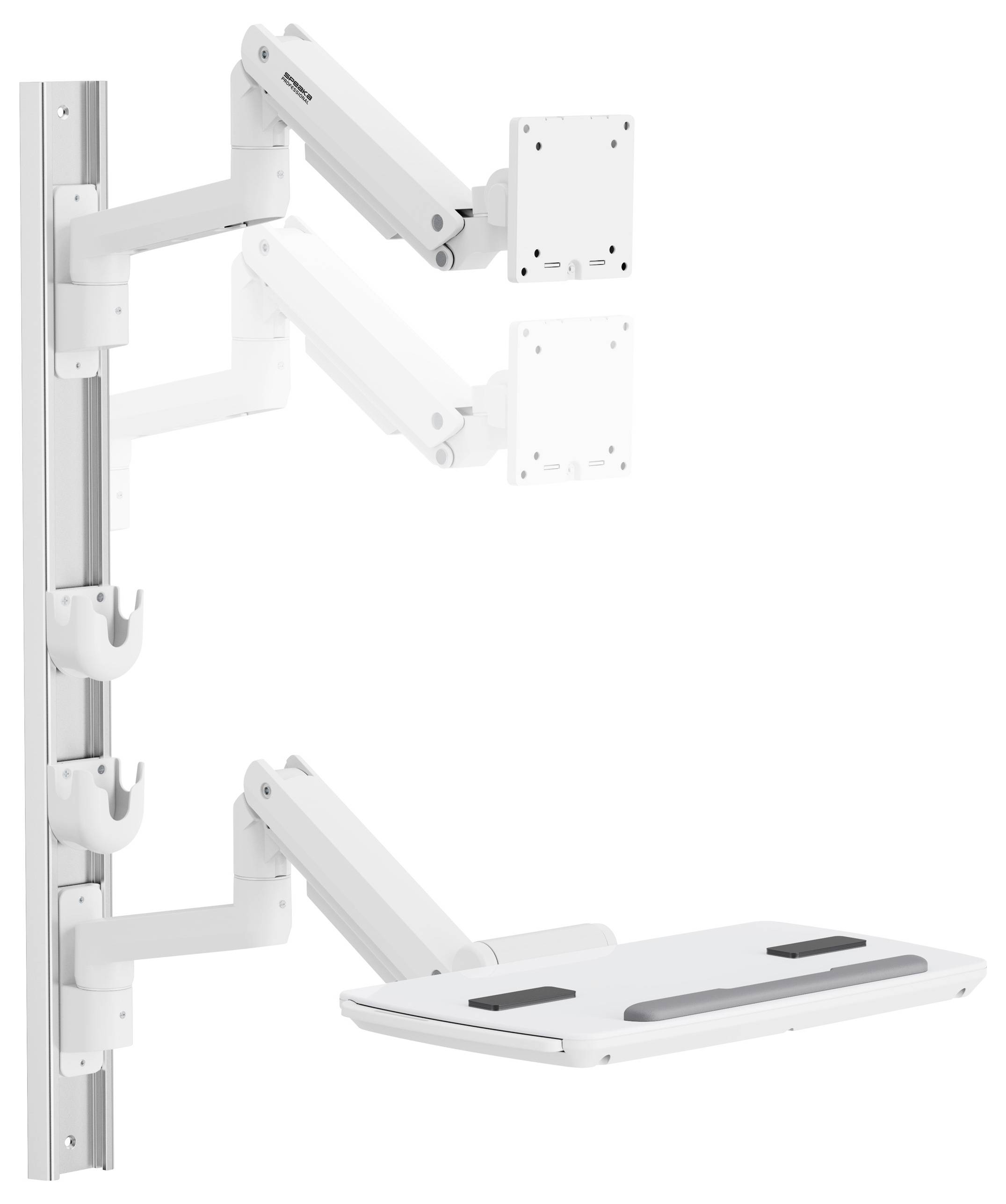 Verstellbare wandmontierte Monitor- und Tastaturarme mit elegantem weißem Design, die eine ergonomische Arbeitsplatzeinrichtung ermöglichen.