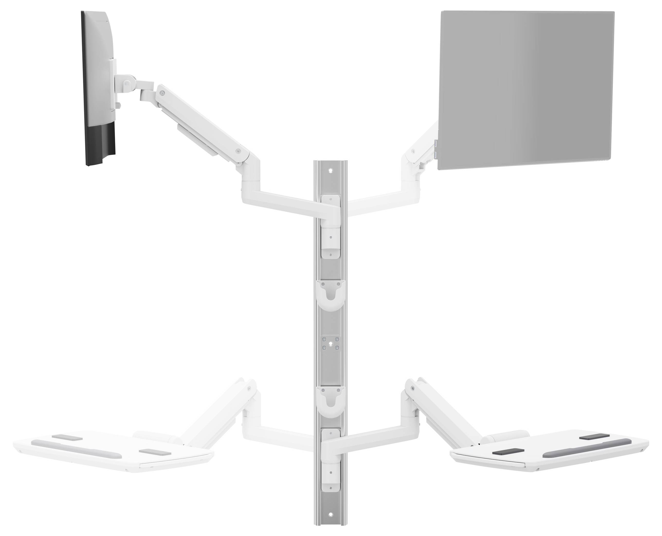 Dual-Monitor-Arme mit verstellbaren Armen und Trägerplatten, ausgestattet mit einer vertikalen Stützsäule.