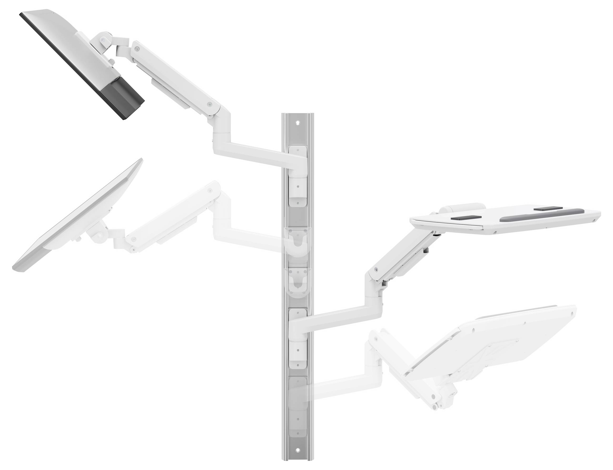 Drei verstellbare weiße Monitorarme, die an einer vertikalen Schiene befestigt sind, die jeweils verschiedene Positionen und Winkel zum Anbringen von Bildschirmen zeigen.