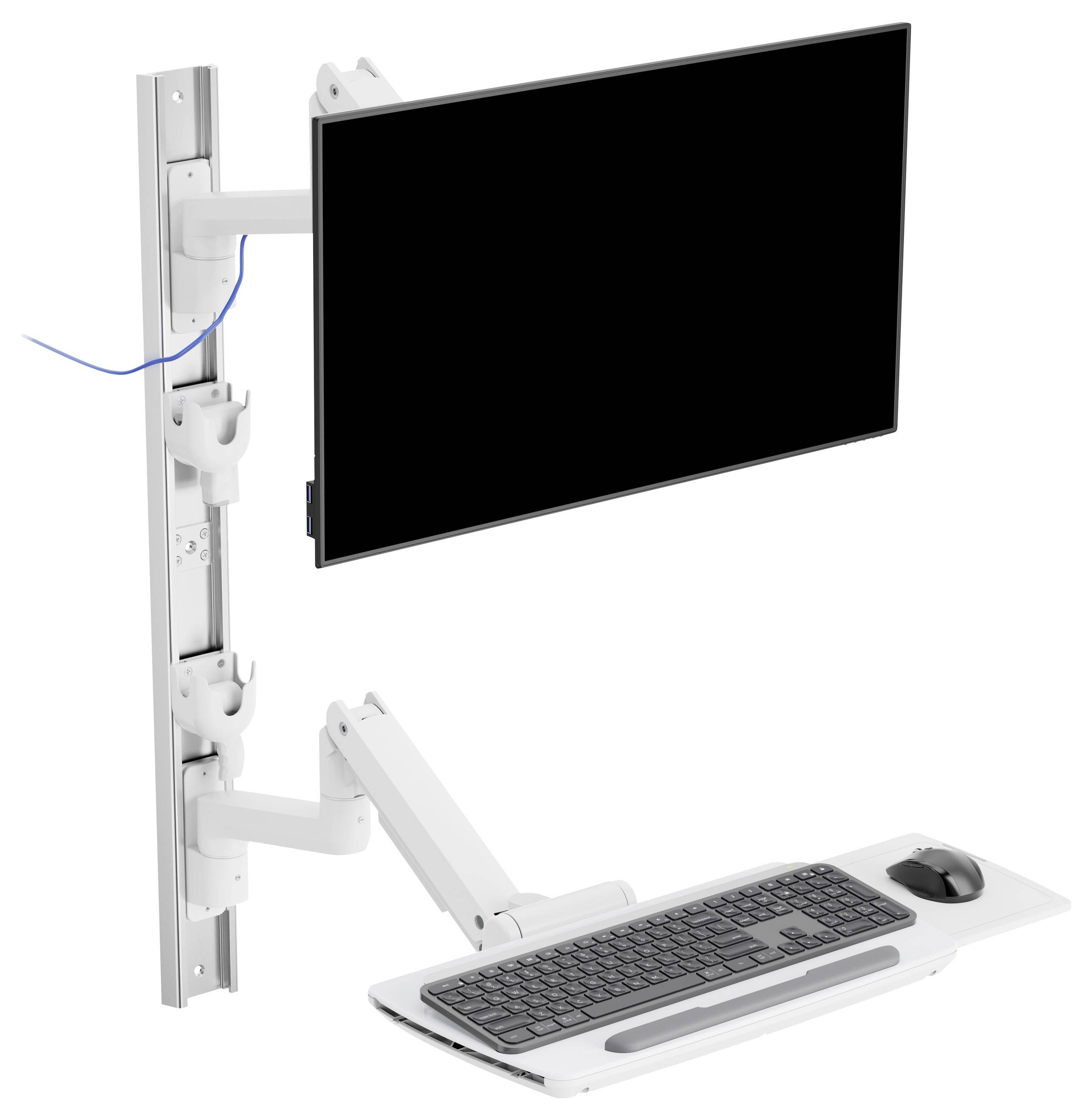 Eine Wandmontierte Arbeitsstation mit einem verstellbaren Monitorarm und einer Tastaturablage, geeignet für ergonomisches Computerarbeiten.