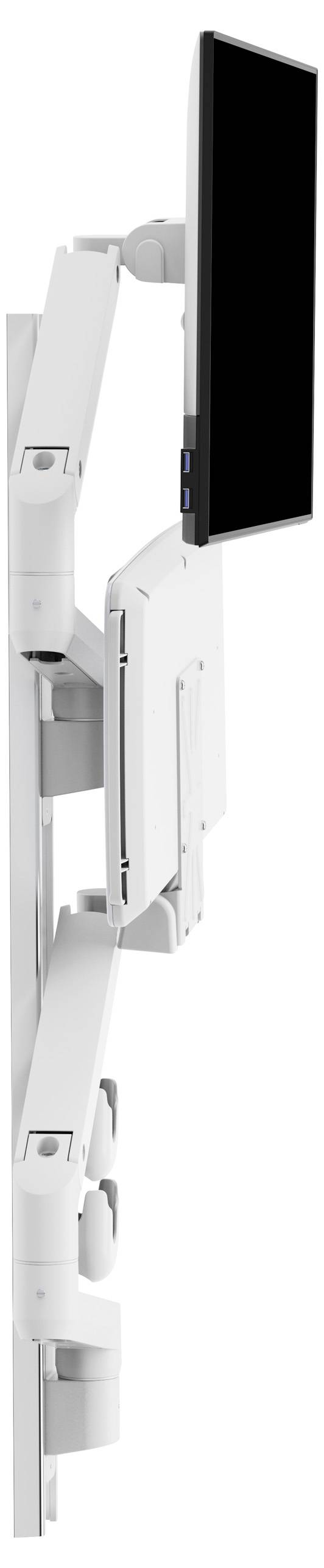 Ein weißer, verstellbarer Monitorständer, der einen Flachbildschirm von der Seite hält. Der Ständer verfügt über mehrere Gelenke für flexible Positionierungsmöglichkeiten.