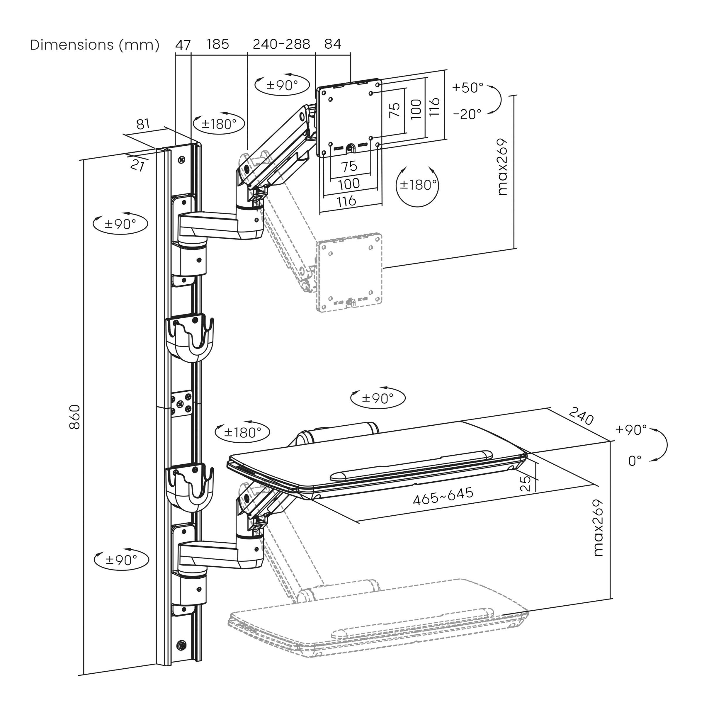 Technische Zeichnung eines Monitorarms und einer Tastaturablage, die verschiedene einstellbare Positionen und Abmessungen in Millimetern zeigt.