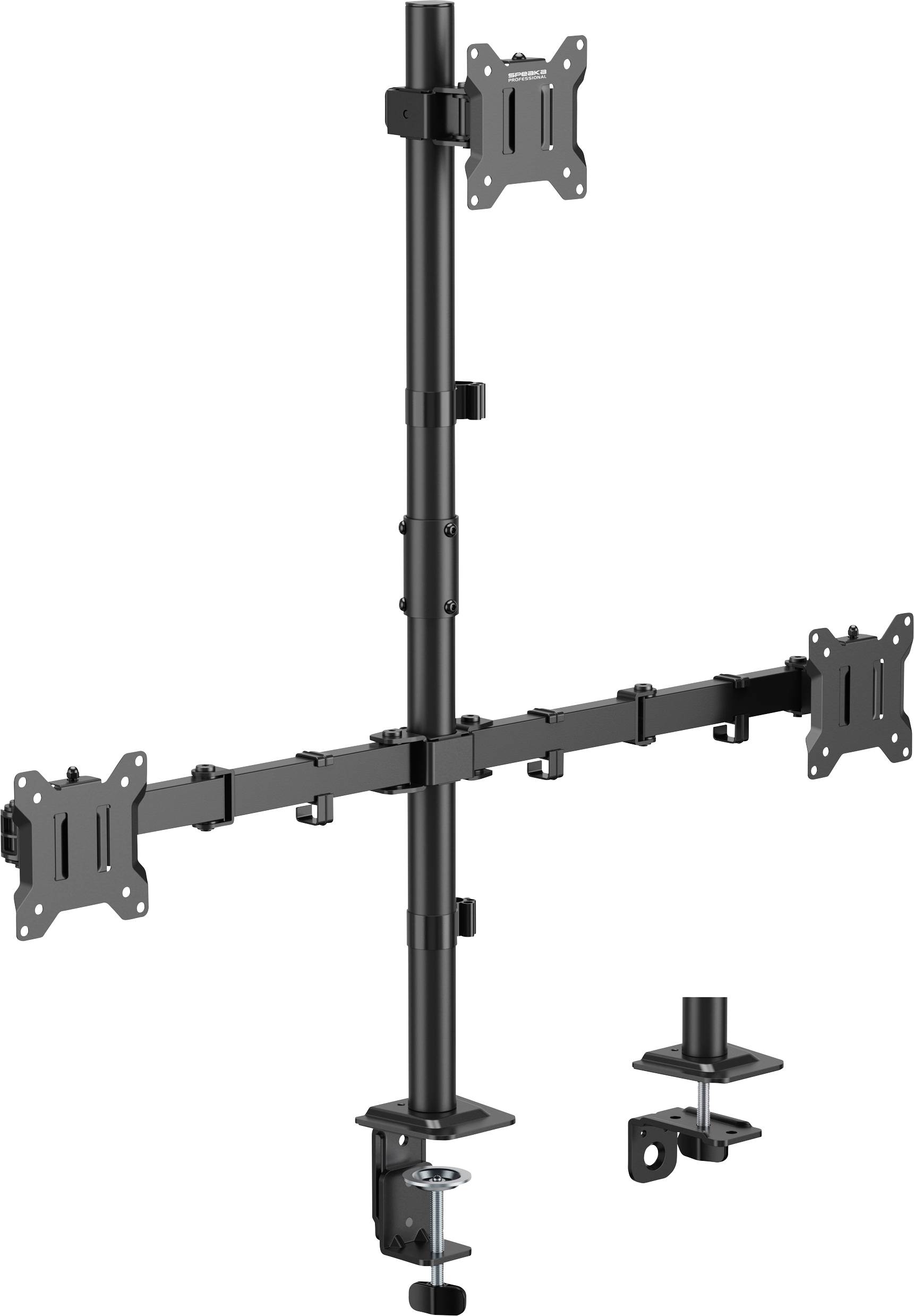 Ein schwarzer Dual-Monitor-Ständer mit verstellbaren Armen und einer Klemmhalterung zur Befestigung am Schreibtisch. Jeder Arm verfügt über eine VESA-Halterung zur Bildschirmanbringung.
