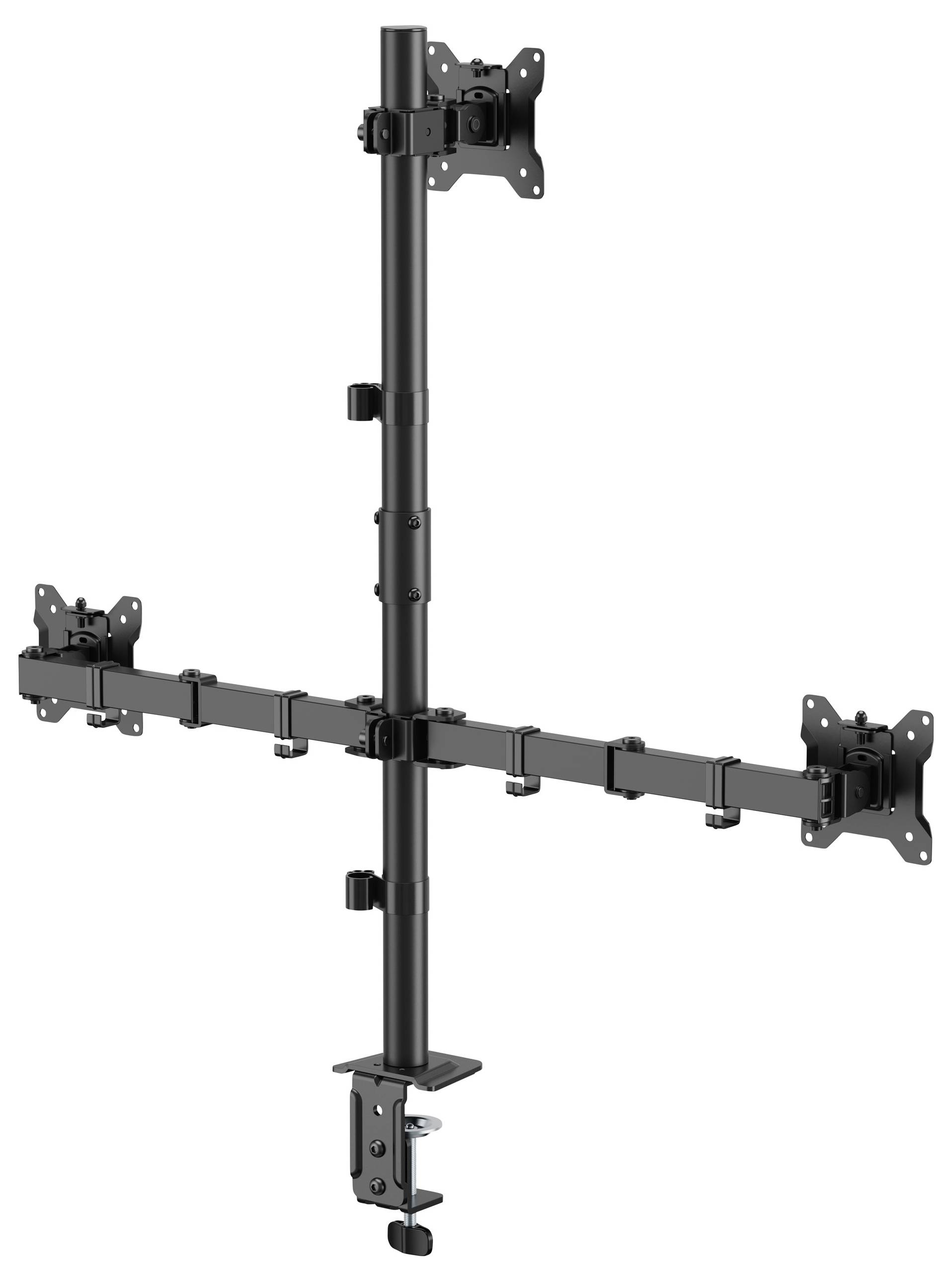 Ein schwarzer Mehrfach-Monitorständer mit verstellbaren Armen und Klemmvorrichtungen, der für die Aufnahme von drei Monitoren in vertikaler und horizontaler Anordnung konzipiert ist.