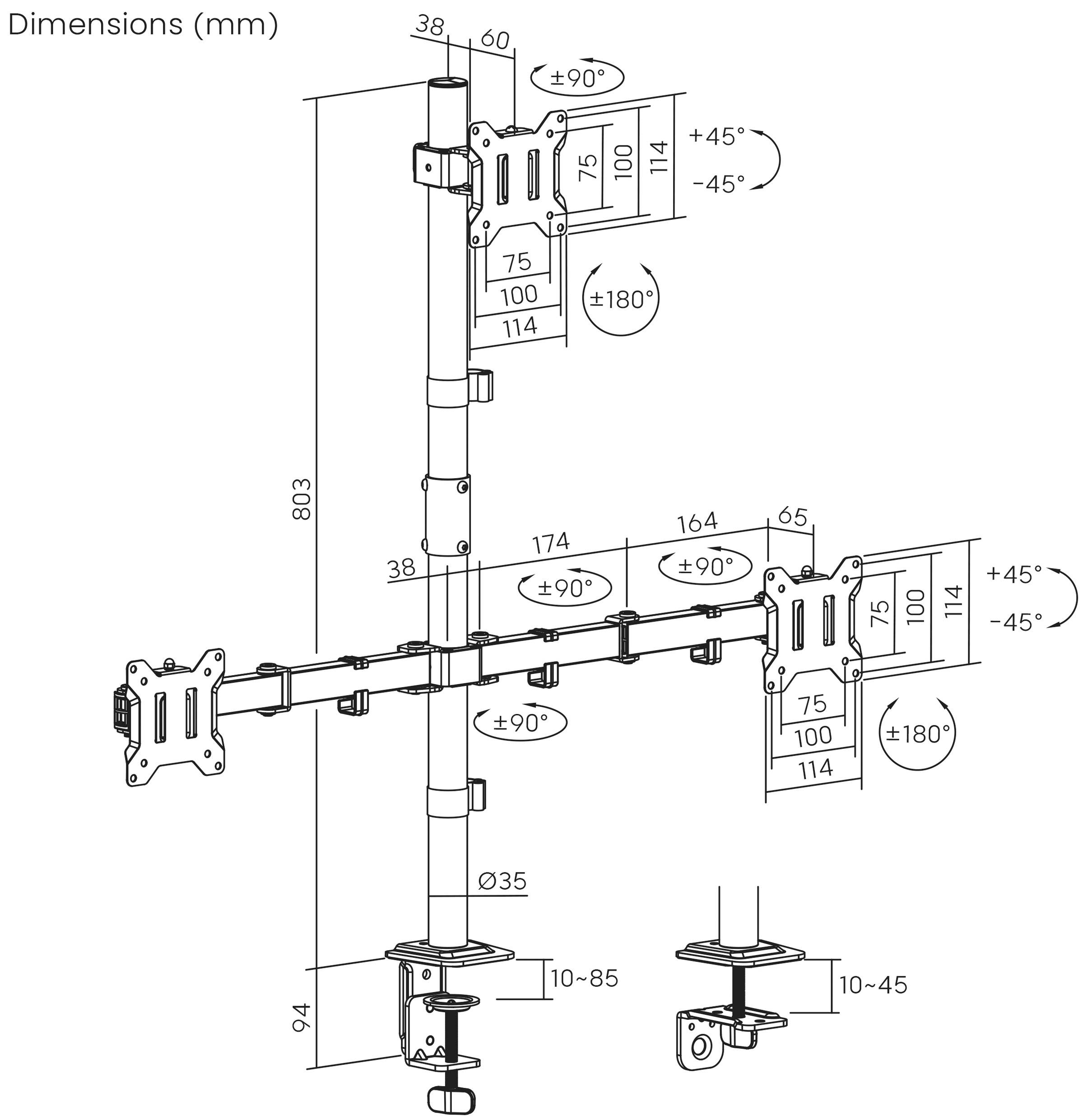 Diagramm, das die Abmessungen und verstellbaren Winkel einer Dual-Monitorhalterung zeigt. Vertikale Pfosten-Höhe 803 mm, Arme von -90° bis +90° verstellbar.