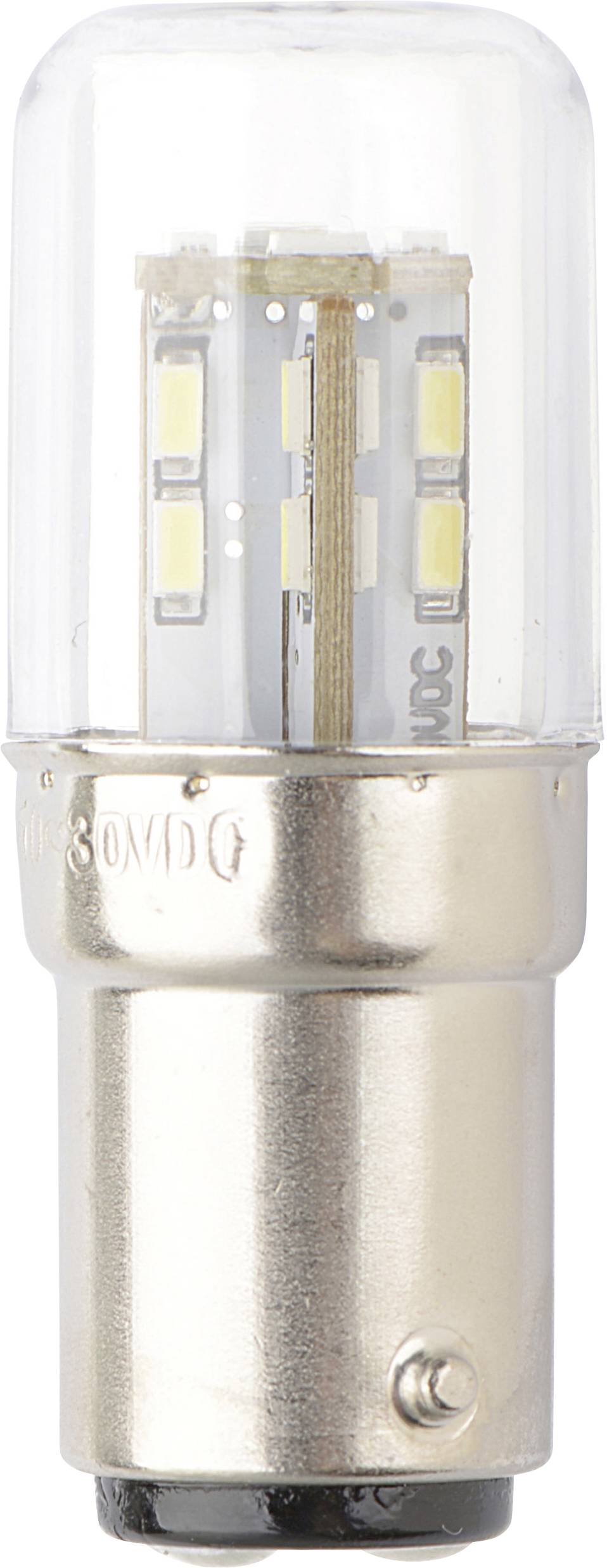 Eine kleine LED-Glühbirne mit einer silberfarbenen Basis und einem durchsichtigen zylindrischen Oberteil, in dem mehrere kleine LED-Streifen zu sehen sind.