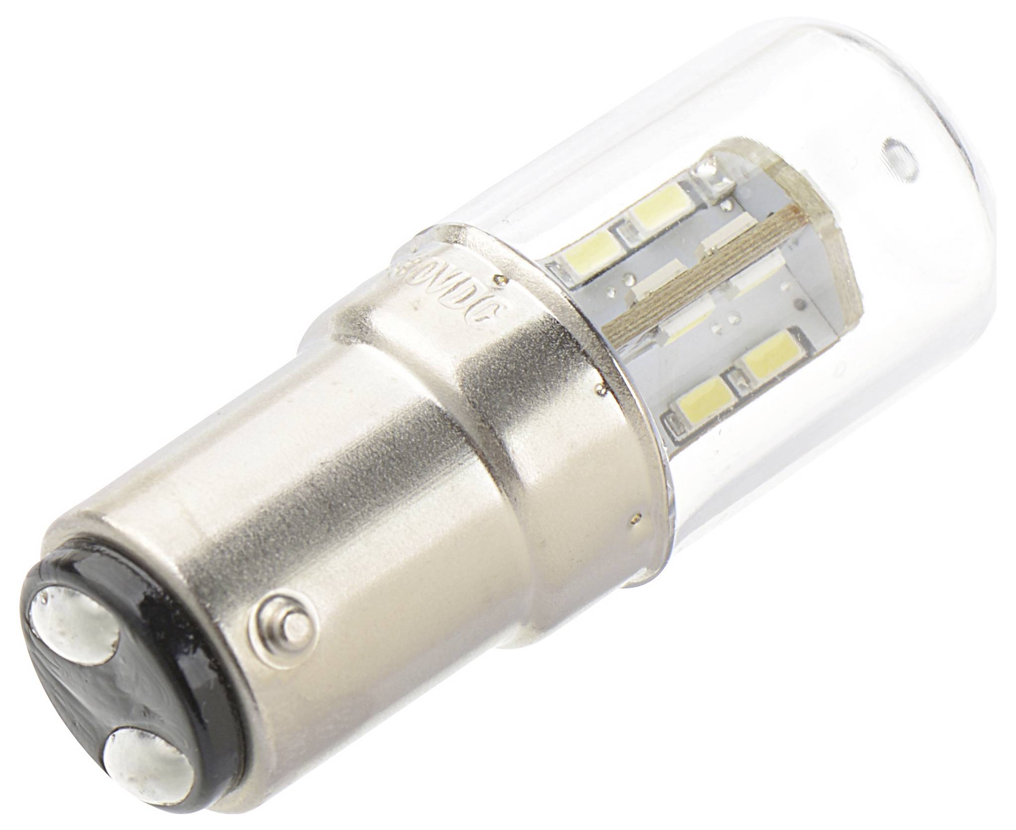 LED-Glühbirne mit einer Metallfassung, klarem Gehäuse und sichtbaren Innenkomponenten, einschließlich mehrerer kleiner Leuchtdioden.