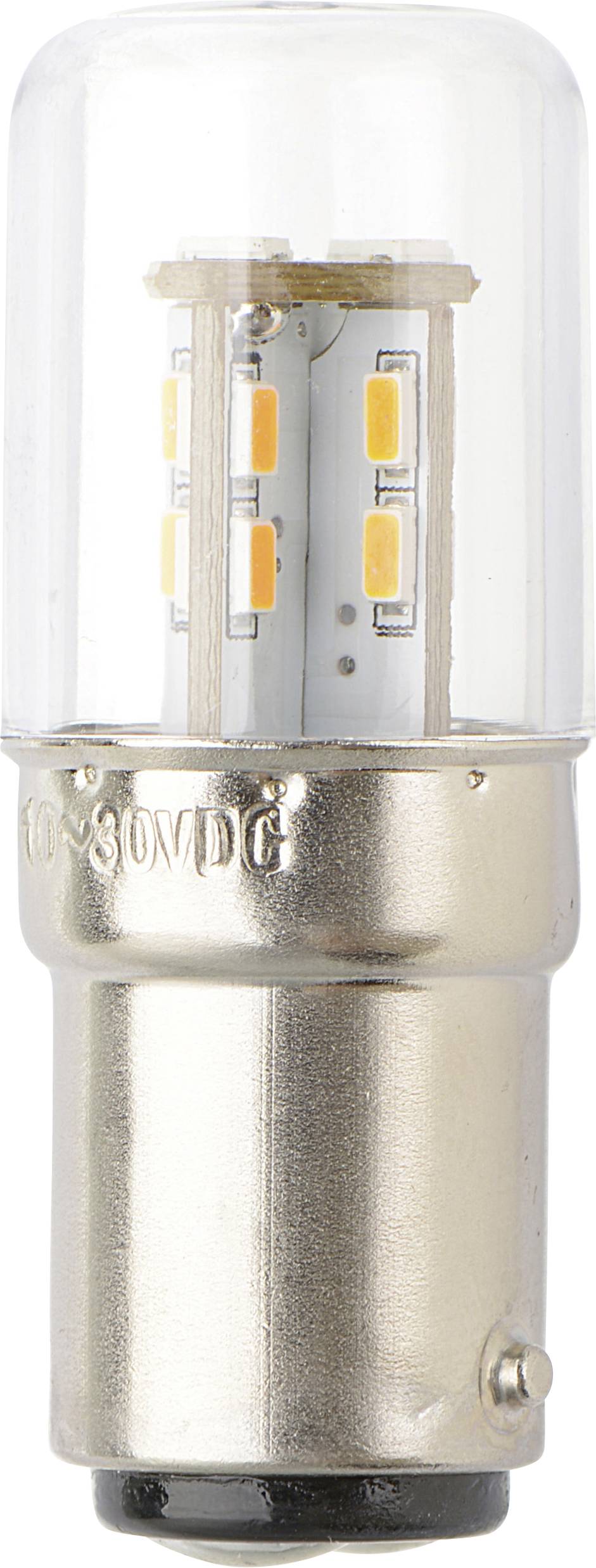 Eine Nahaufnahme einer LED-Glühbirne mit metallischer Basis und transparenter Abdeckung, die die inneren LED-Elemente präsentiert.
