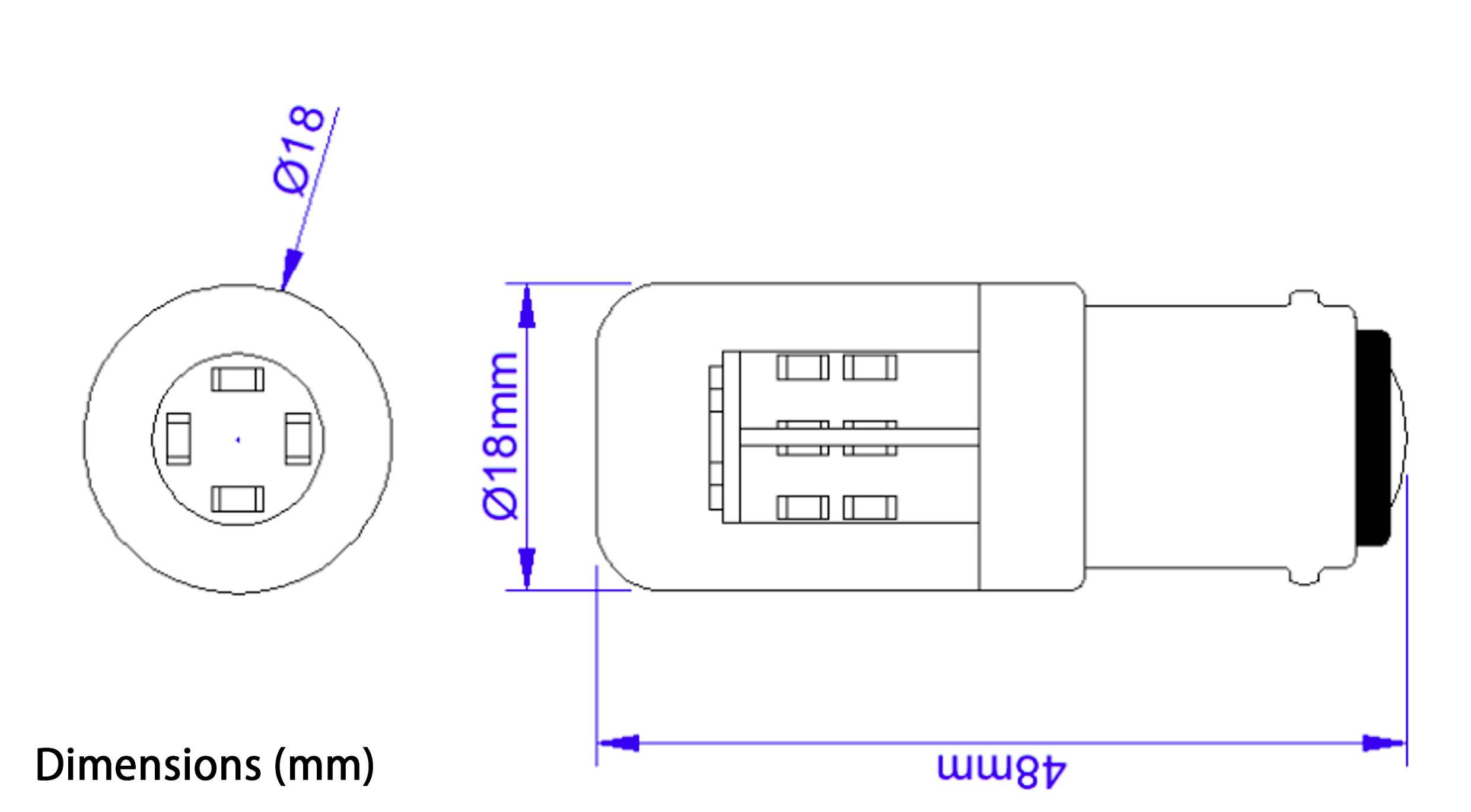 Technische Zeichnung einer Glühbirne mit Maßen: Durchmesser 18 mm, Länge 48 mm. Zeigt Frontansicht mit Durchmesser und Seitenansicht mit Länge.