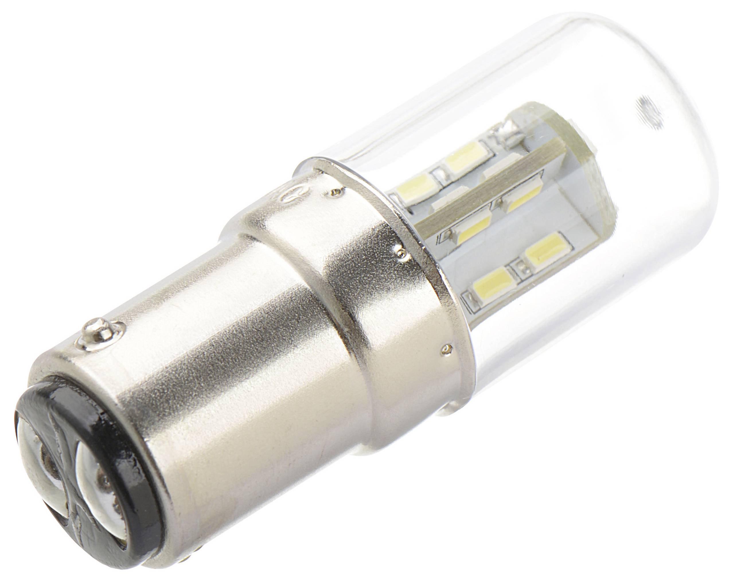 Eine kleine, zylindrische LED-Glühbirne mit einer Metallfassung und einer transparenten Oberseite, die mehrere LED-Elemente im Inneren zeigt.