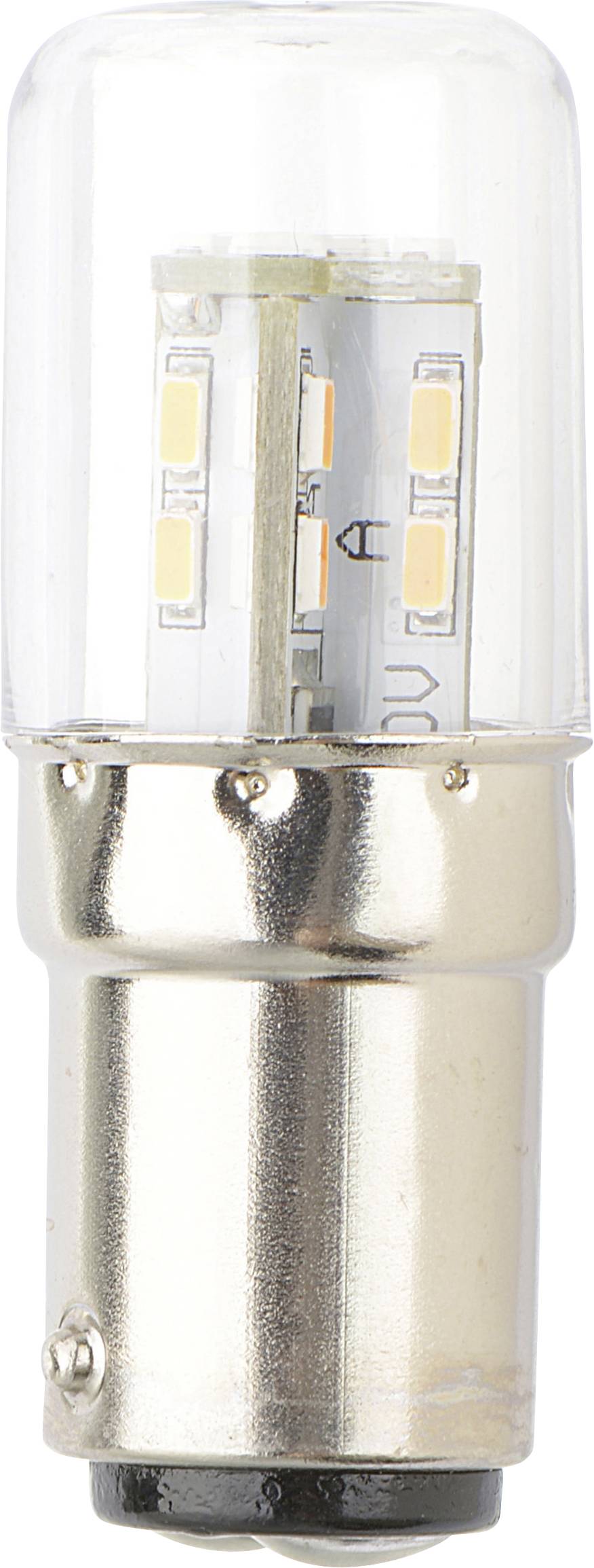 Eine kleine, zylindrische LED-Glühbirne mit einer Metallbasis und transparenter Gehäuse, die mehrere kleine gelbe LED-Dioden im Inneren zeigt.