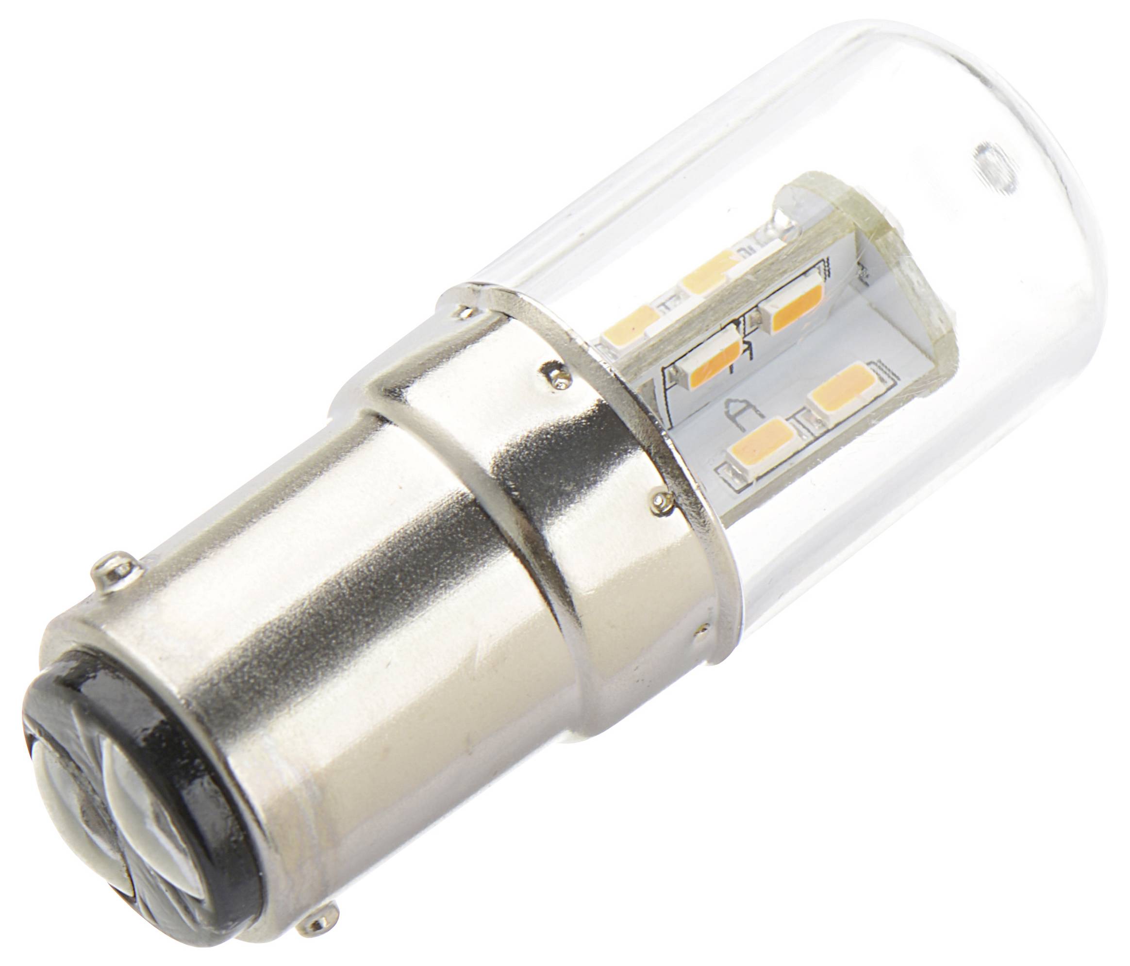 Eine Nahaufnahme einer kleinen, metallfarbenen LED-Glühbirne mit transparentem Gehäuse, die ihre inneren Komponenten und mehrere kleine LED-Chips zeigt.