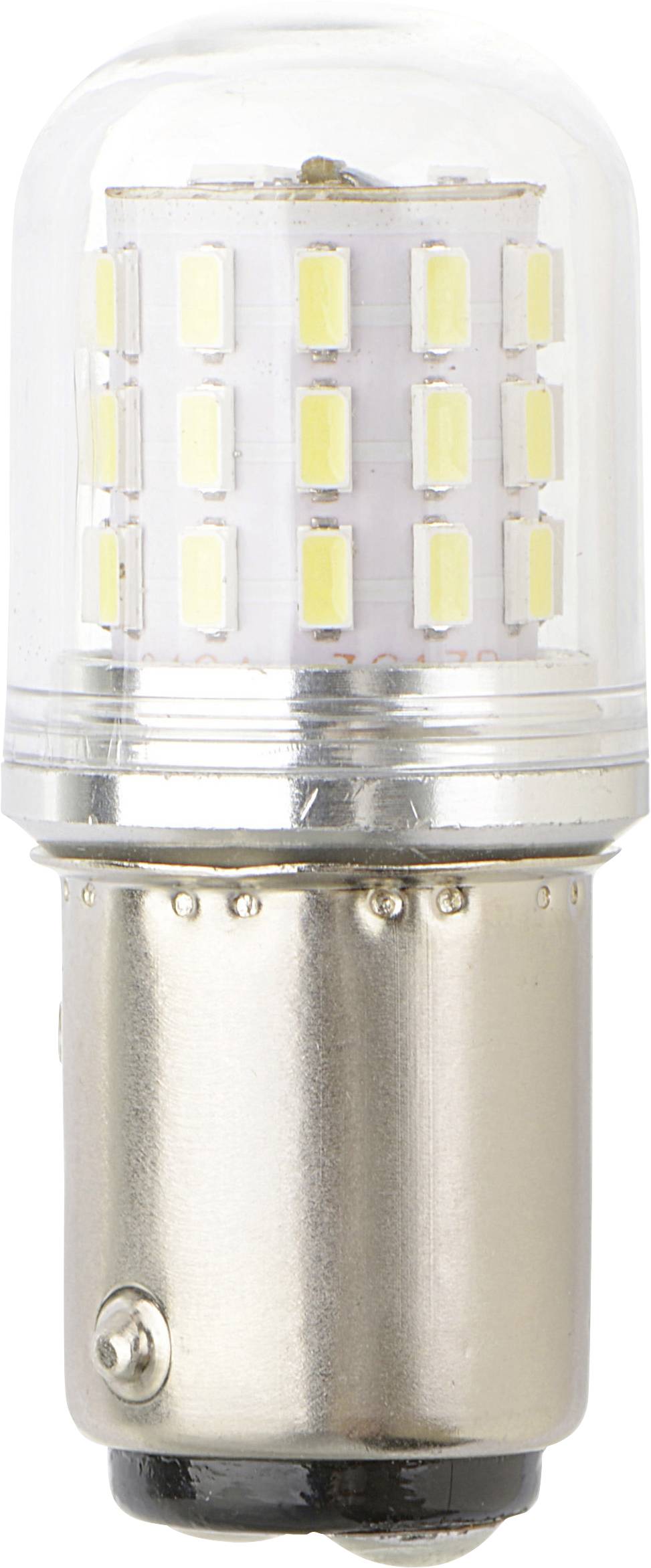 Eine Nahaufnahme einer LED-Glühbirne mit mehreren gelben Dioden in einem zylindrischen, transparenten Gehäuse auf einer Metallbasis.