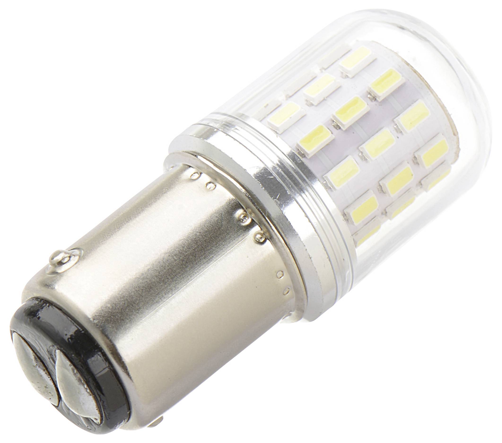 Eine zylindrische LED-Glühbirne mit einer Metallfassung und transparenter Ummantelung, in der mehrere kleine gelbe Dioden zu sehen sind.