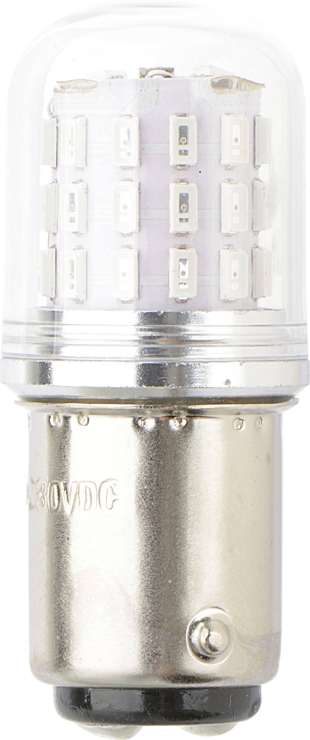 Eine Nahaufnahme einer kleinen LED-Glühbirne mit einer Metallfassung und mehreren winzigen LEDs, die in einer transparenten Kuppel eingebettet sind.