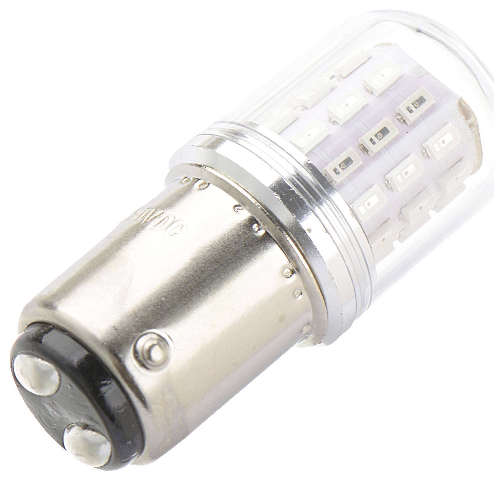 LED-Glühbirne mit einer Metallfassung und einem zylindrischen, transparenten Gehäuse, das mehrere kleine LEDs im Inneren zeigt.