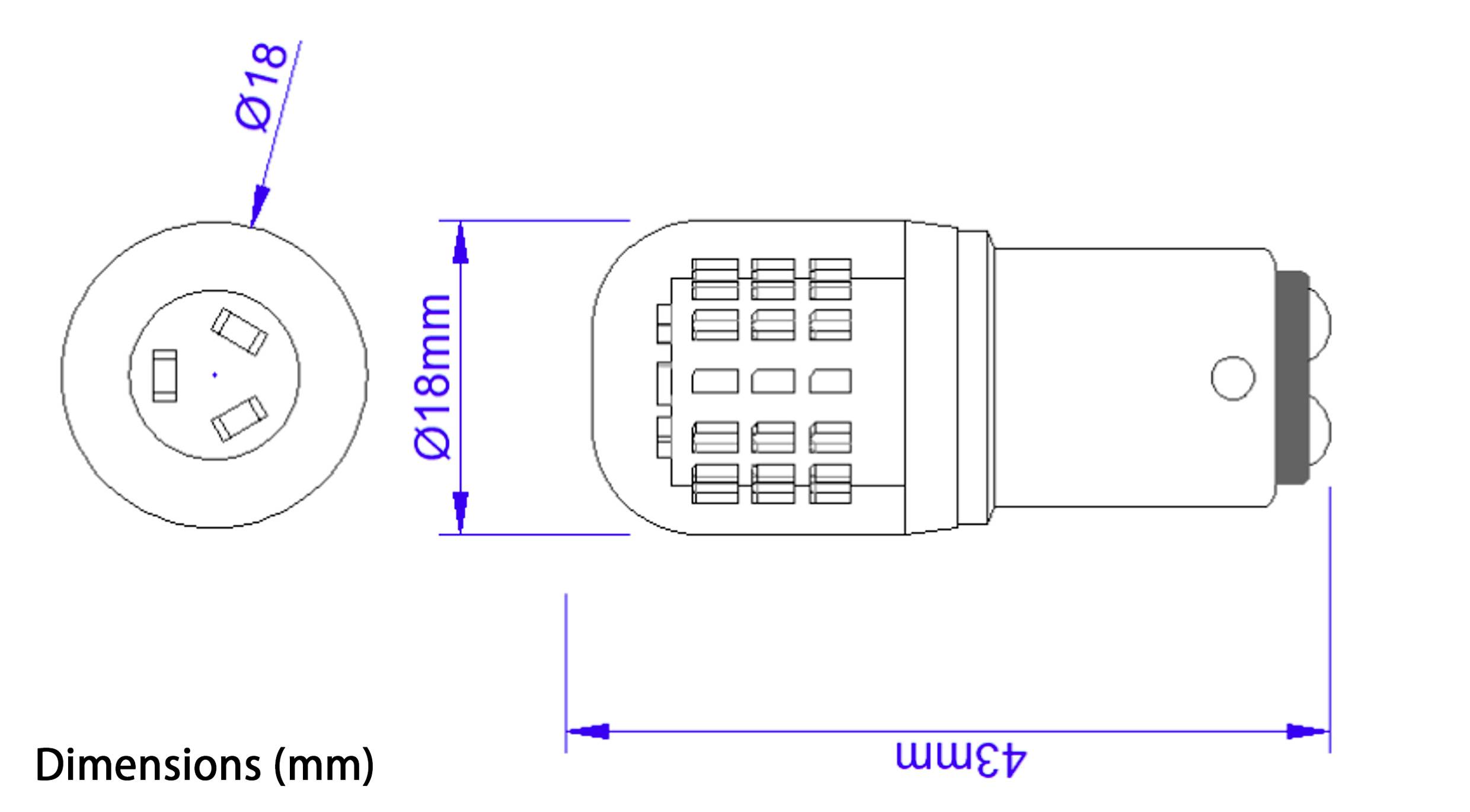 Diagramm einer Glühbirne mit Maßen: Breite 18 mm und Länge 43 mm. Die Draufsicht zeigt ein kreisförmiges Ende, die Seitenansicht zeigt einen rechteckigen Körper.