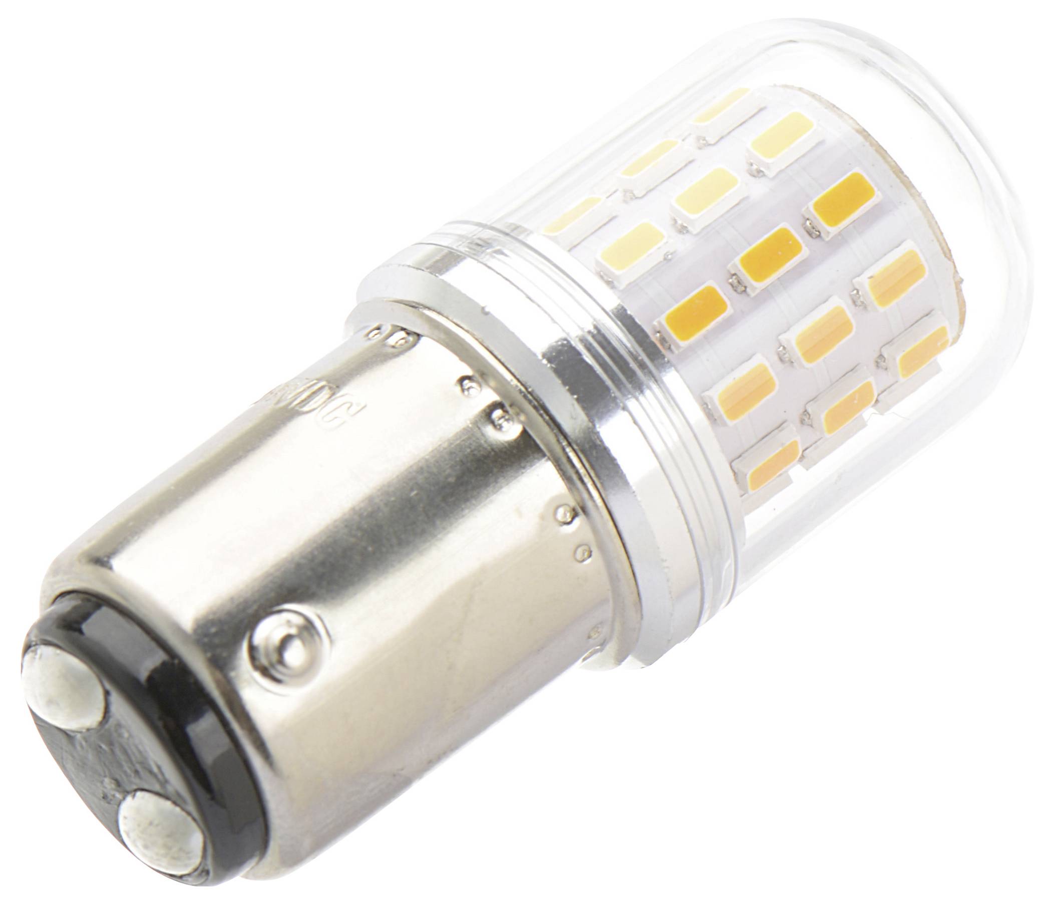 LED-Glühbirne mit einer metallfarbenen Basis und transparentem Gehäuse, das kleine gelbe LED-Chips in Reihen zeigt.
