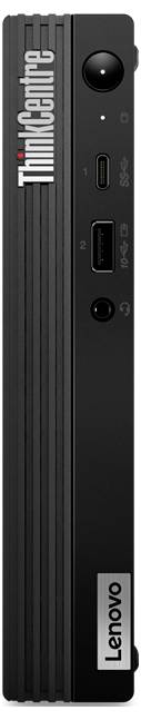 Frontansicht eines schwarzen Lenovo ThinkCentre, der USB-Anschlüsse, Audioeingang und Einschaltknopf zeigt, mit vertikaler Markenbeschriftung.