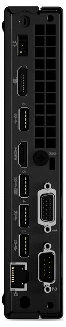 Rückseite eines Computers mit verschiedenen Anschlüssen: Stromanschluss, HDMI, vier USB-Ports, VGA, Ethernet und serielle Schnittstellen, vertikal angeordnet.