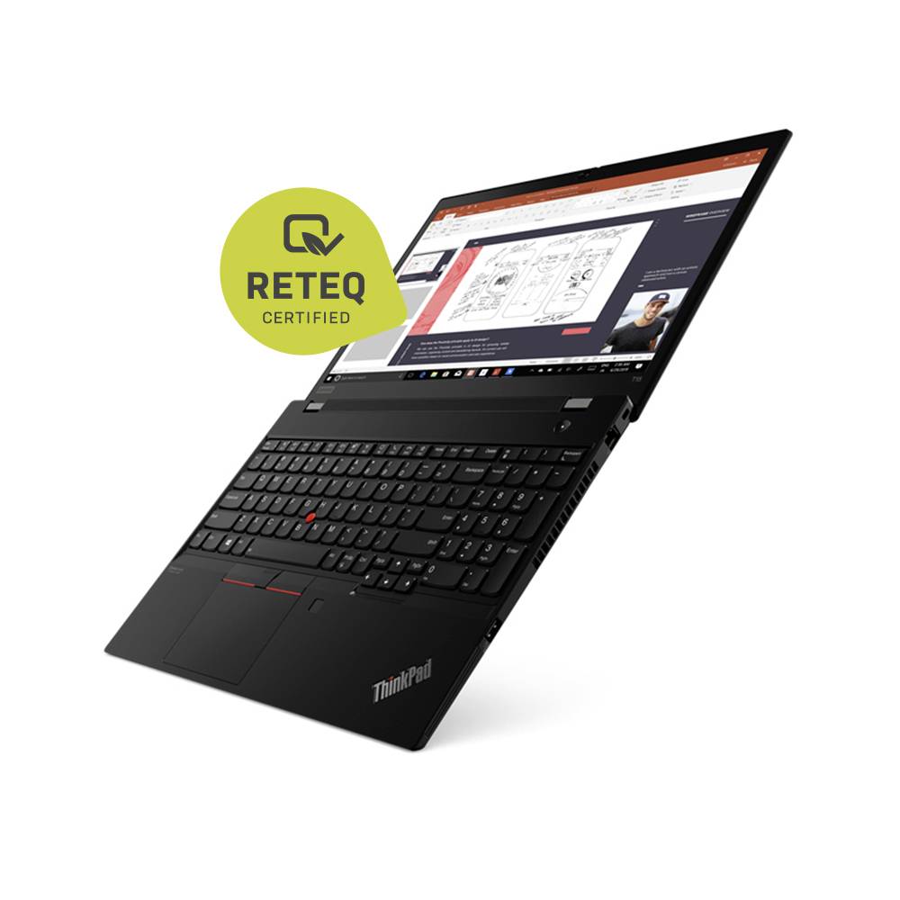 Ein Laptop mit dem Aufkleber 'Reteq Certified' auf dem Bildschirm, der ein digitales Notizbuch und Präsentationsfolien zeigt und darauf hinweist, dass es sich um ein zertifiziert generalüberholtes Gerät handelt.