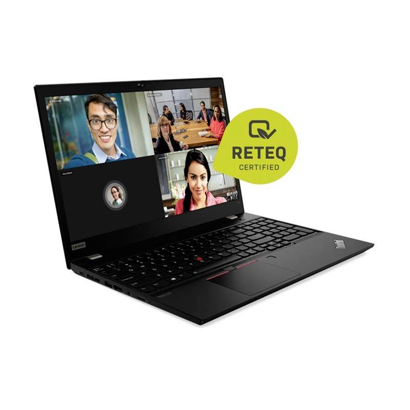 Ein Laptop, der eine Videokonferenz mit vier Teilnehmern zeigt, mit einem 'RETEQ Certified' Abzeichen daneben.