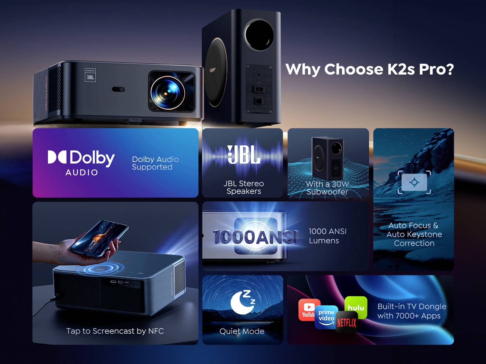 Yaber Beamer K2S Pro LCD 800 ANSI-Lumen 1920 x 1080 Full HD Smart System, integrierte Apps, Smart-TV-Dongle, Full HD, JBL