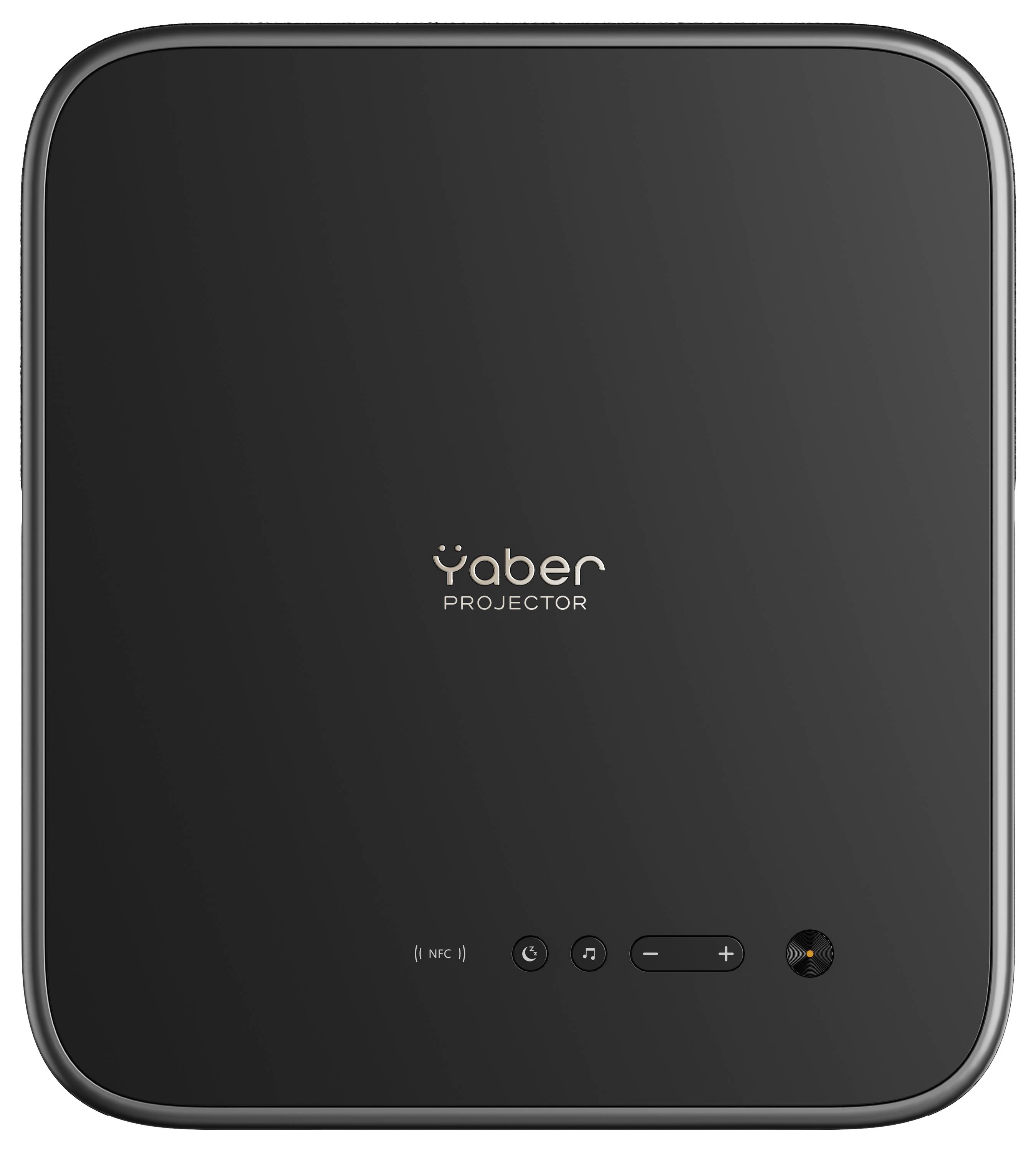 Ein schwarzer Yaber-Projektor mit glänzender Oberfläche, auf dessen Oberseite das Markenlogo, Bedienelemente und ein NFC-Indikator zu sehen sind.
