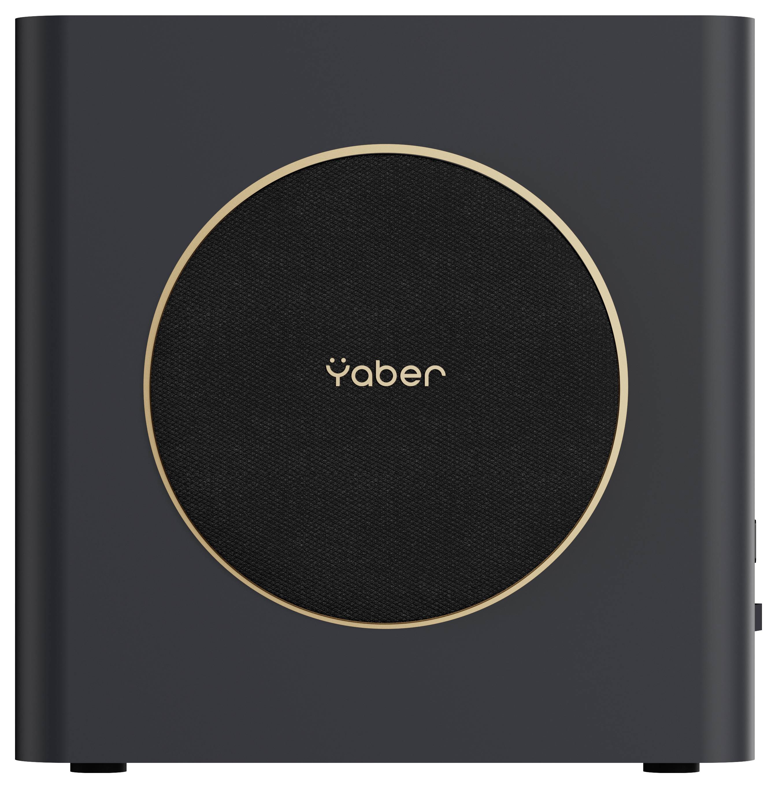 Ein kompakter, schwarzer Lautsprecher mit goldenem Zierrand und dem Markennamen 'Yaber' auf der Vorderseite. Geeignet für moderne Audio-Setups.