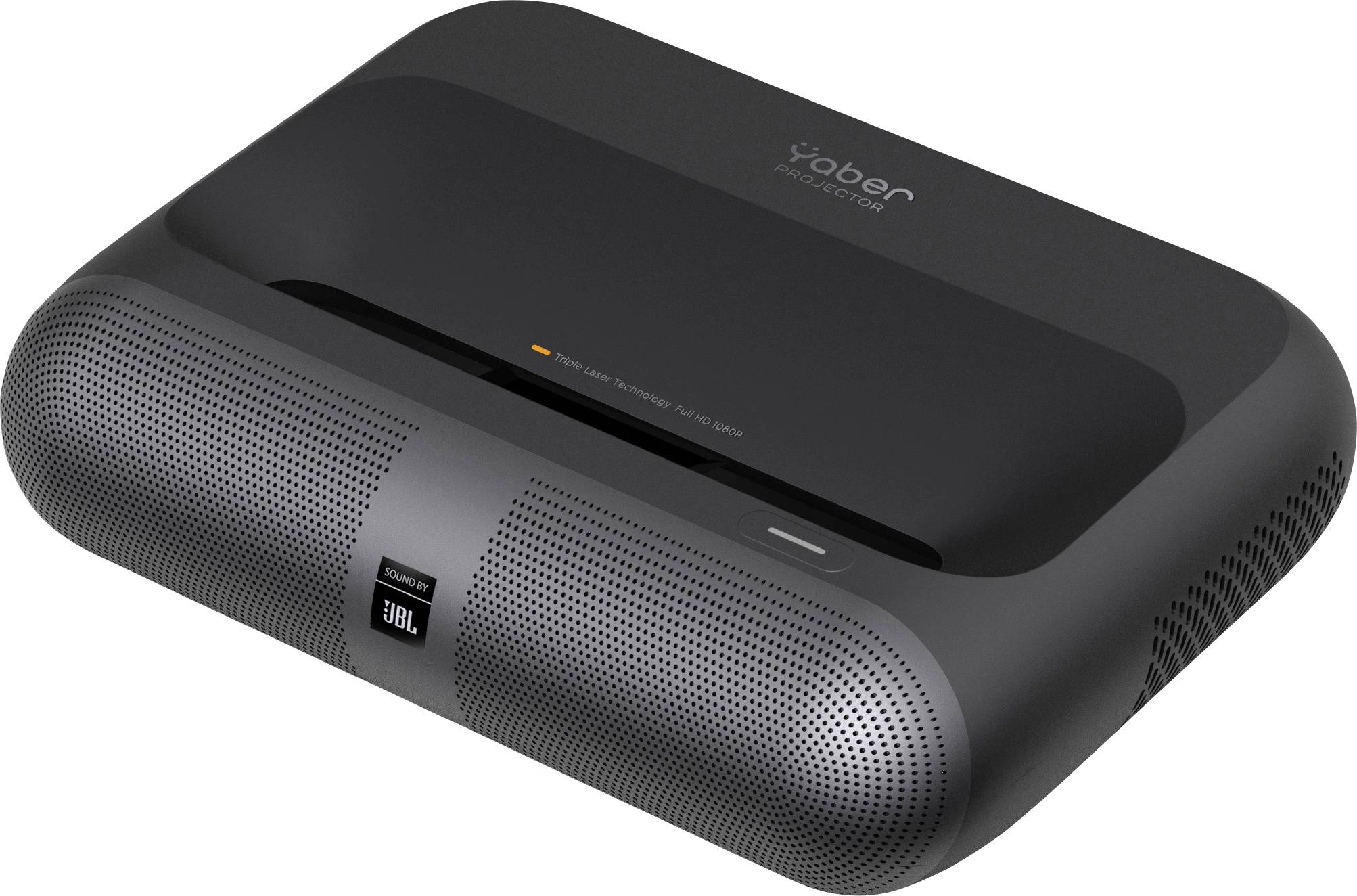 Ein schwarzer Yaber-Projektor mit JBL-Audiotechnologie, der ein schlankes, kompaktes Design für Heimunterhaltungssetups präsentiert.