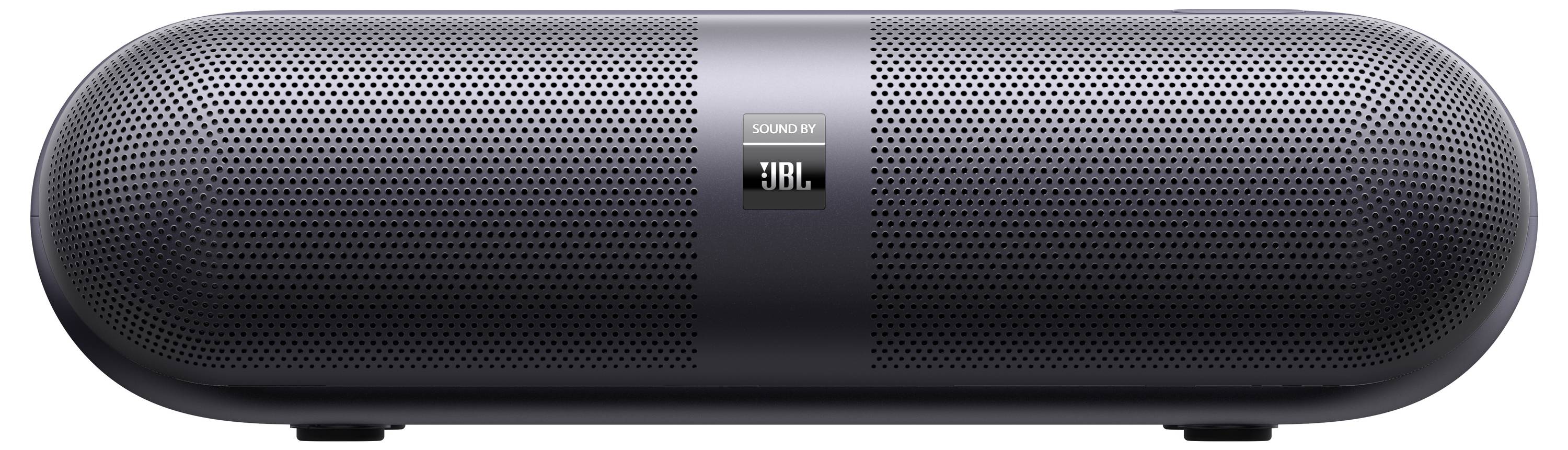 Ein schlanker schwarzer JBL-Lautsprecher mit gelochtem Design und einem kleinen Logo in der Mitte.