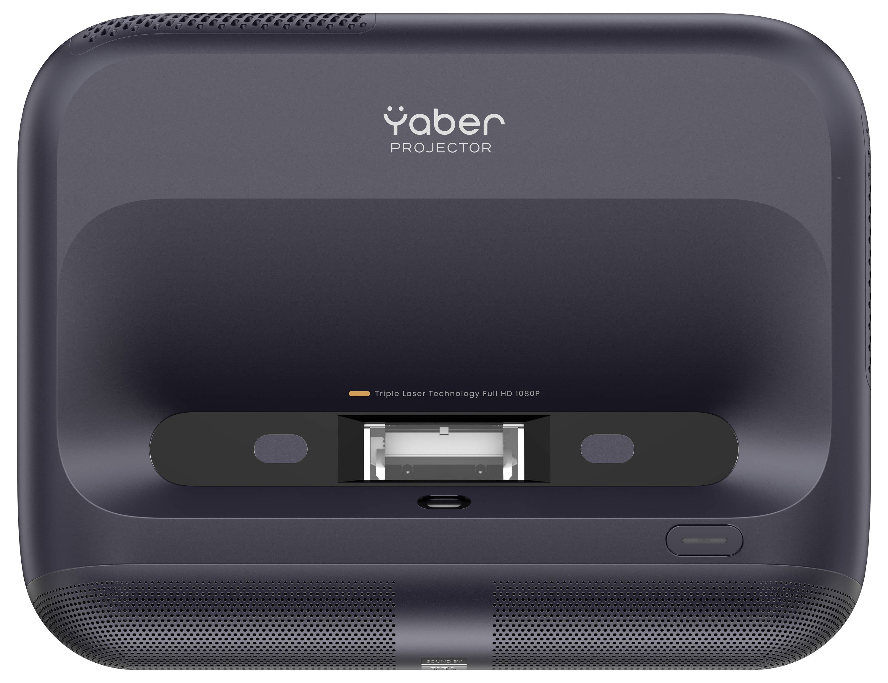 Projektor von oben mit Objektiv und Bedienungstasten, mit der Markenbezeichnung 'Yaber'.