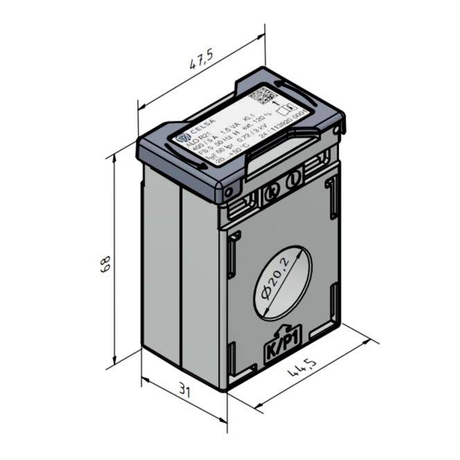 Eine Illustration einer rechteckigen elektrischen Komponente mit Abmessungen von 47,5 mm Breite, 68 mm Höhe und 31 mm Tiefe, versehen mit einem Knopf und detaillierter Beschriftung.