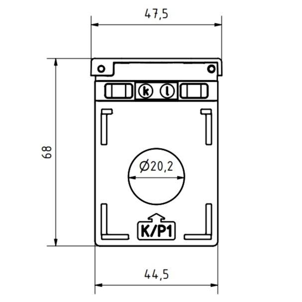 Technische Zeichnung einer Box mit Abmessungen: Höhe 68 mm, Breite 47,5 mm und Kreisdurchmesser 20,2 mm innen. Beschriftet mit 'K/P1'.
