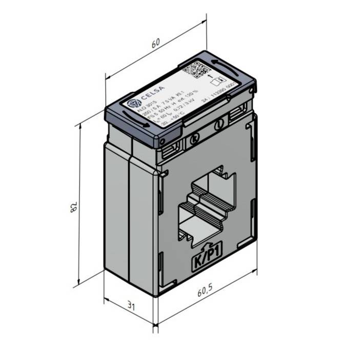 'CESA' beschriftete elektronische Komponente mit Abmessungen: 82 mm Höhe, 60 mm Breite, 60,5 mm Tiefe und 31 mm untere Breite.