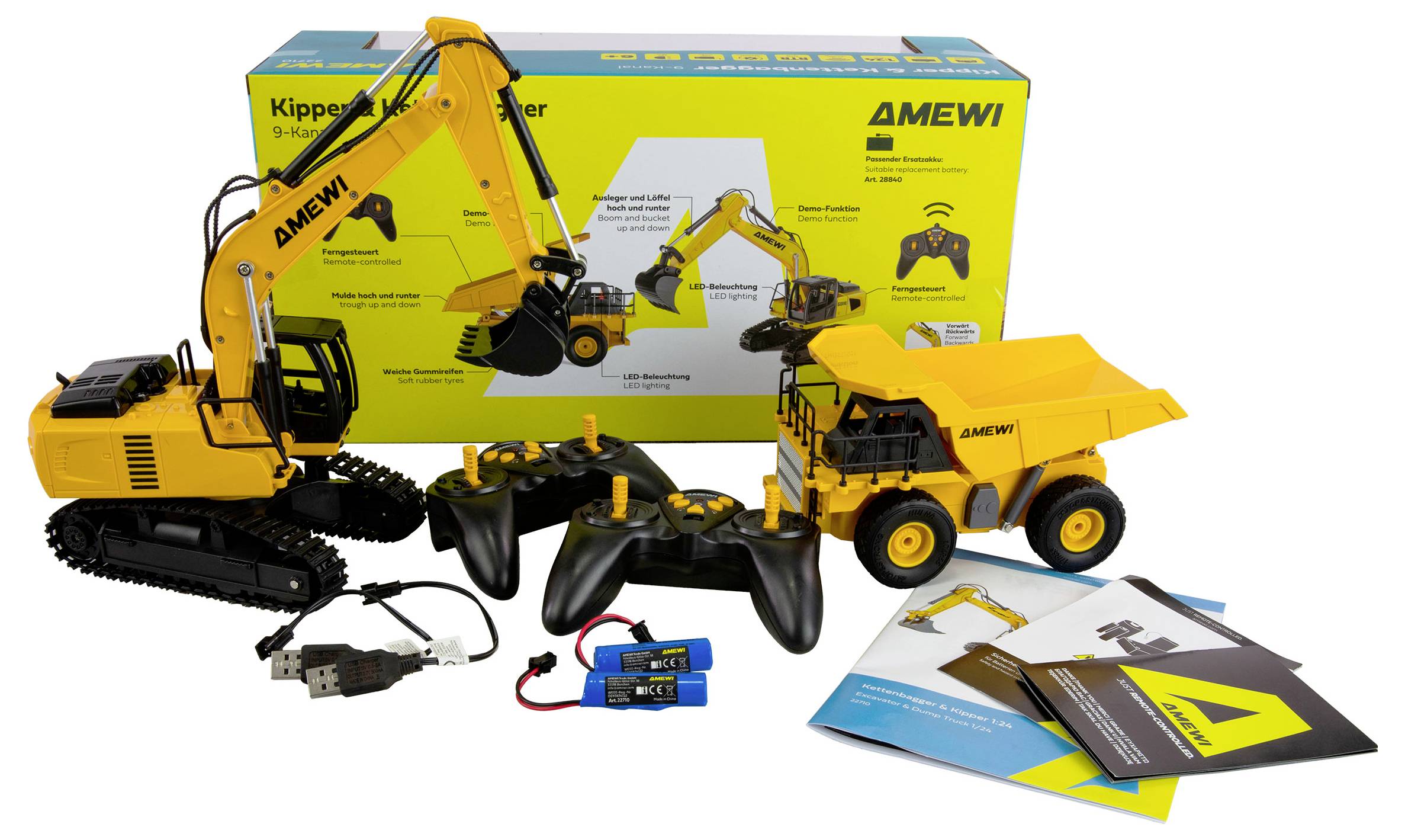 Amewi 22710 2-in-1 Set Kipper & Kettenbagger 1:24 Elektro RC Einsteiger Funktionsmodell RtR mit Lichteffekt