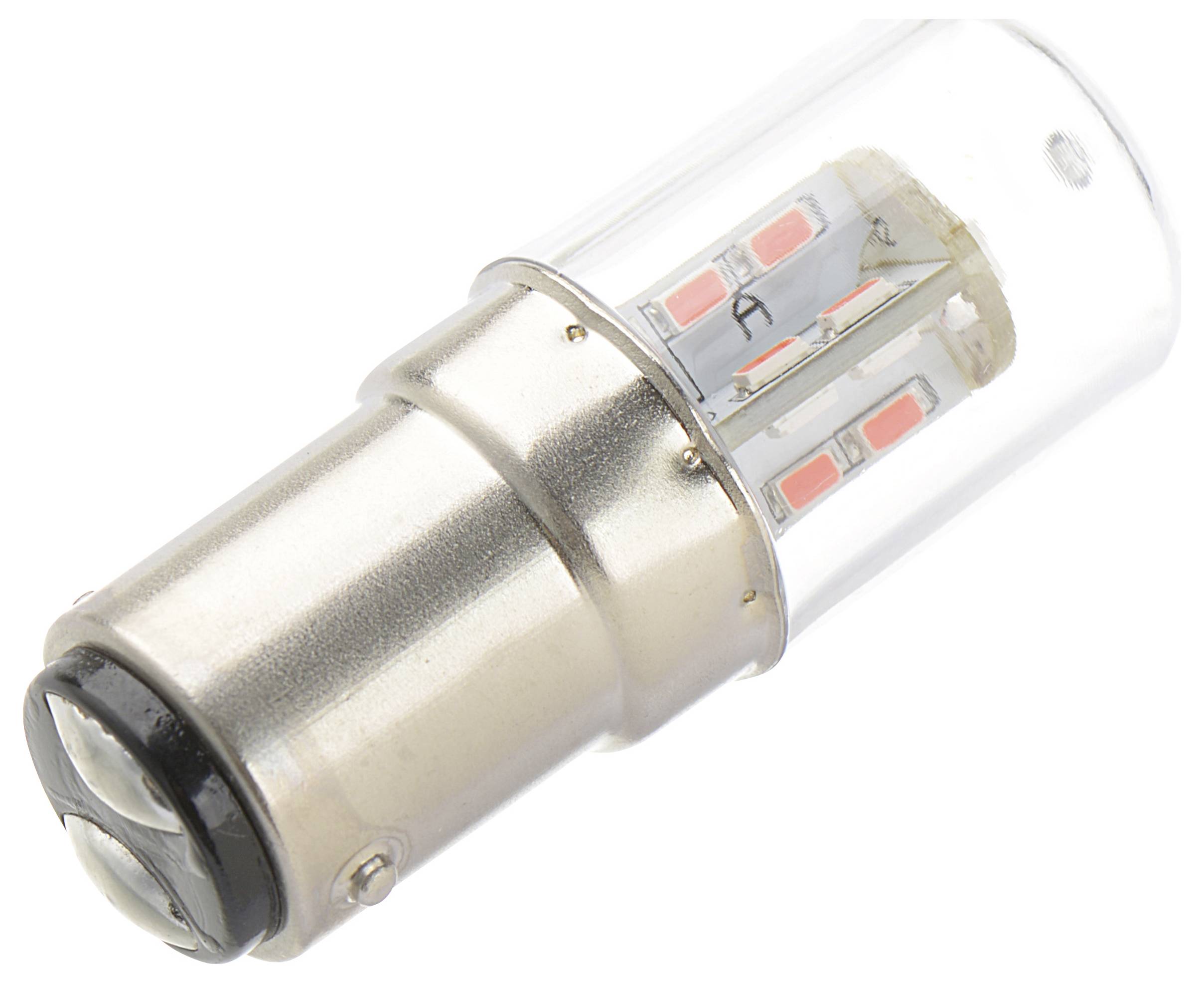 Eine klare LED-Glühbirne mit einer metallischen Basis und sichtbaren Innenkomponenten.
