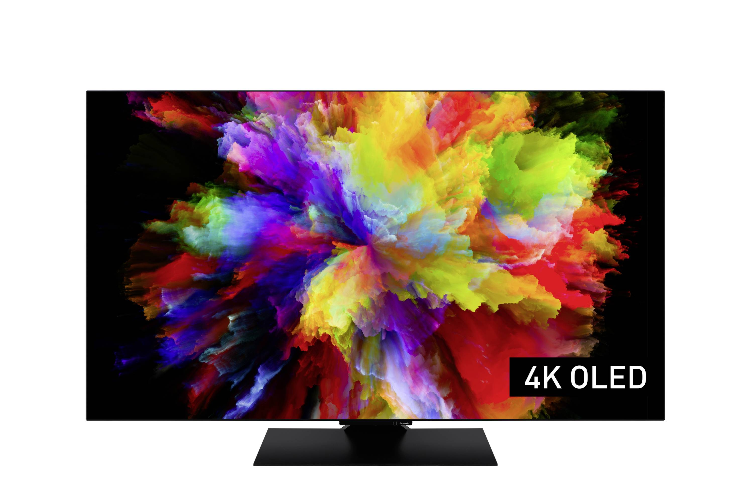Ein lebendiger Ausbruch abstrakter, farbenfroher Muster füllt den Bildschirm eines 4K-OLED-Fernsehers.