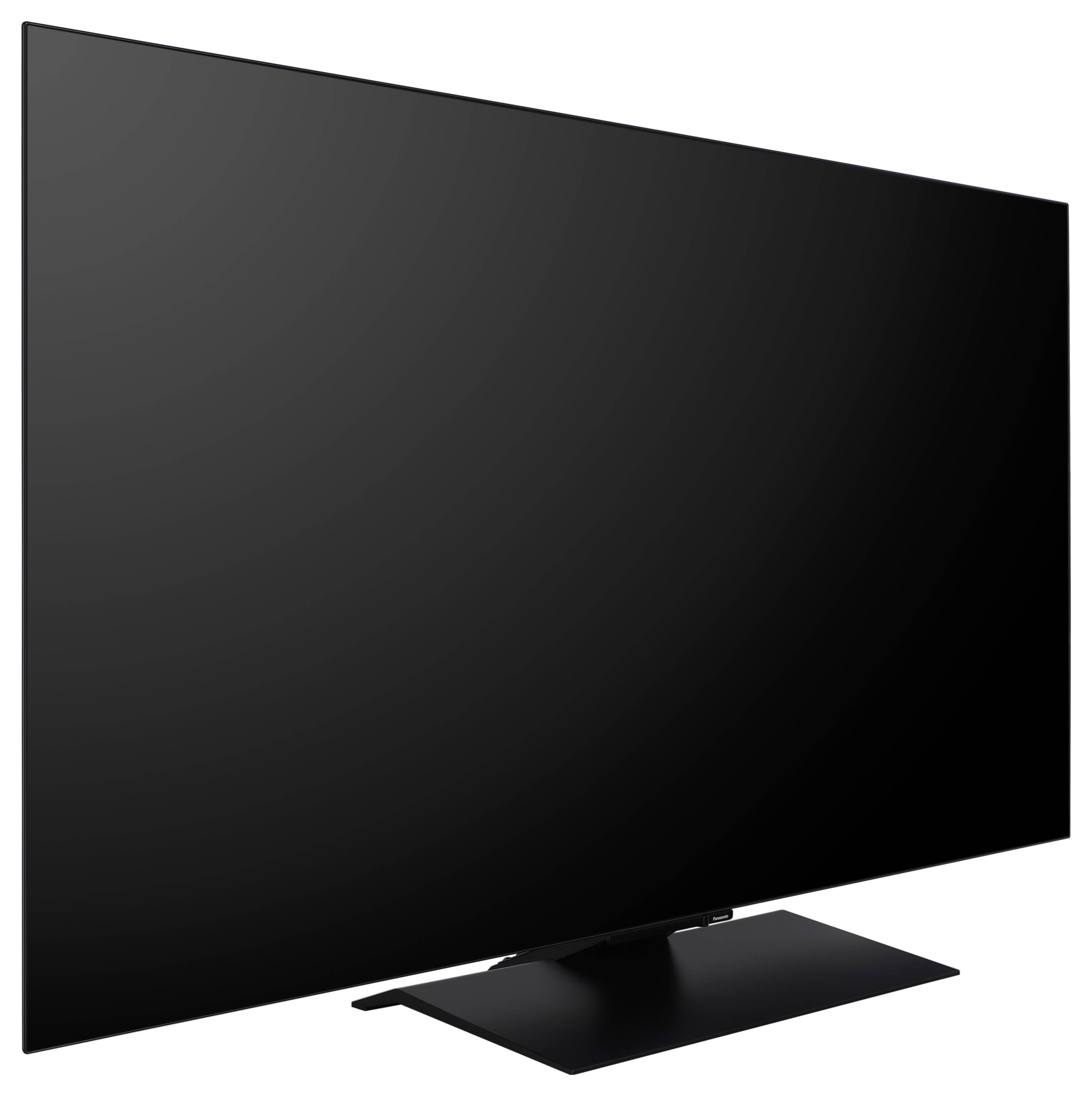 Ein schlanker, großer Flachbildschirm-Fernseher mit dünnem Rahmen, auf einem rechteckigen Ständer montiert, leicht nach rechts geneigt vor einem weißen Hintergrund.