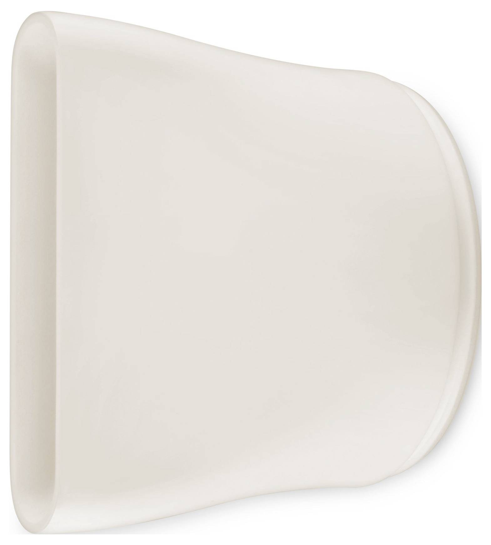 Ein transluzentes, cremefarbenes Silikonbackwerkzeug mit einer geschwungenen, sich verjüngenden Form, das potenziell zum Schneiden oder Schaben bei Kochaufgaben verwendet wird.