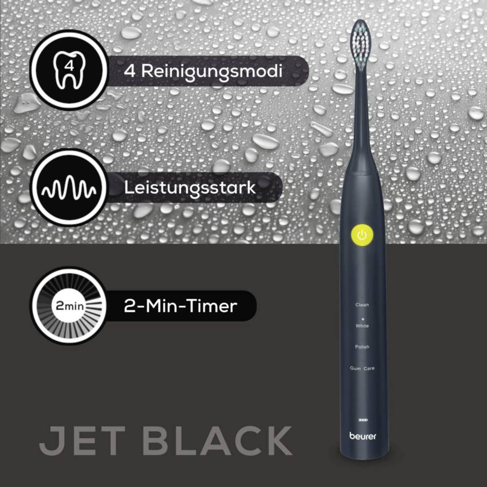 Eine schwarze elektrische Zahnbürste mit vier Reinigungsmodi und einem 2-Minuten-Timer wird vor einem Hintergrund von Wassertropfen präsentiert.