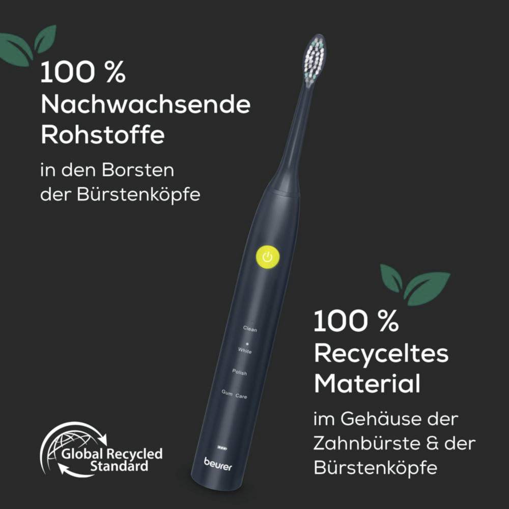 'Oral-TB' elektrische Zahnbürste mit umweltfreundlichen Eigenschaften: 100% erneuerbare Borsten und 100% recyceltes Material in Zahnbürste und Bürstenköpfen.