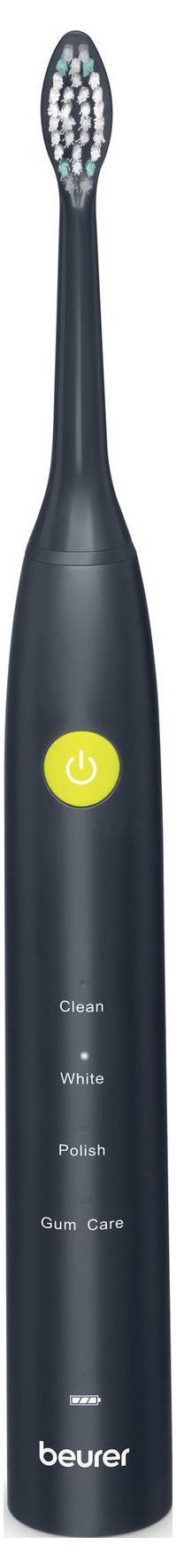 Eine schwarze elektrische Zahnbürste mit Tasten für die Modi 'Reinigen', 'Weiß', 'Polieren' und 'Zahnfleegpflege', und einem grünen Ein-/Ausschalter.