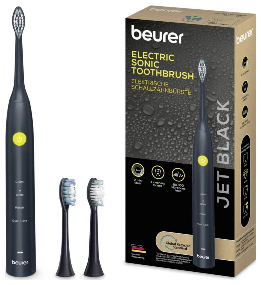 Elektrische Schallzahnbürste in Tiefschwarz mit zwei Ersatzköpfen und Verpackung mit Marken-, Funktions- und Informationen zu recycelten Materialien.
