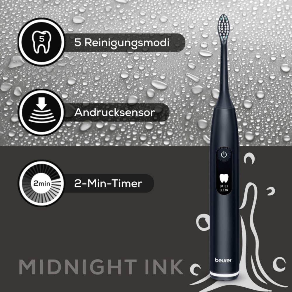 Elektrische Zahnbürste mit '5 Reinigungsmodi,' 'Andrucksensor,' '2-Min-Timer,' vor einem Wassertropfen-Hintergrund, gekennzeichnet als 'Midnight Ink.'