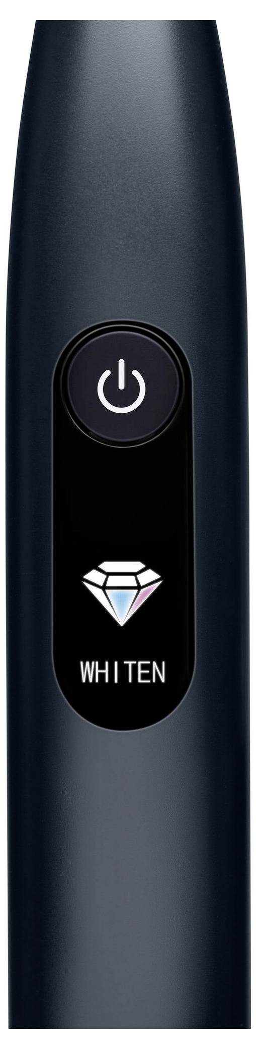Elektrische Zahnbürste mit Griff, Einschaltknopf und einem 'Aufhellen'-Modus, gekennzeichnet durch ein Diamant-Symbol.