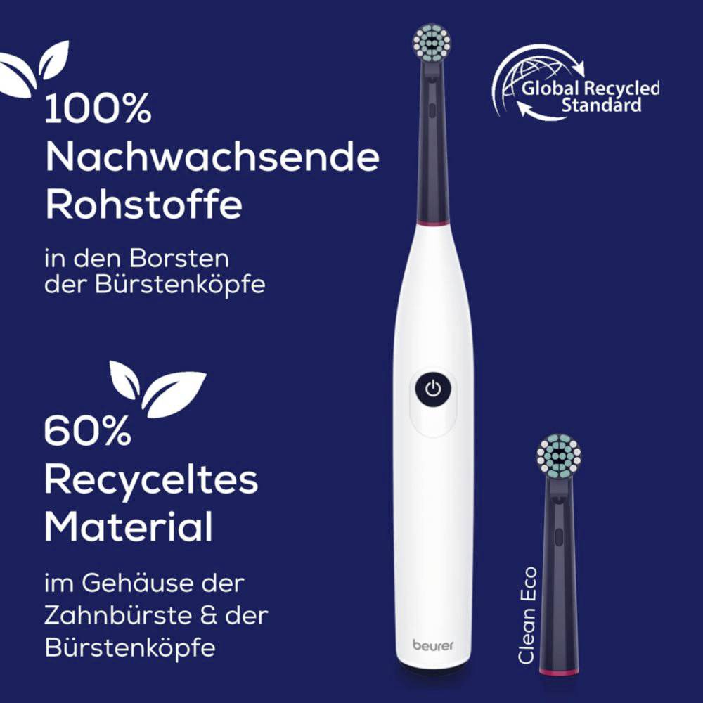 Elektrische Zahnbürste mit 'Clean Eco' Etikett, ausgestattet mit Komponenten aus biobasierten Rohstoffen und 60% recycelten Materialien. Global Recycled Standard Logo vorhanden.