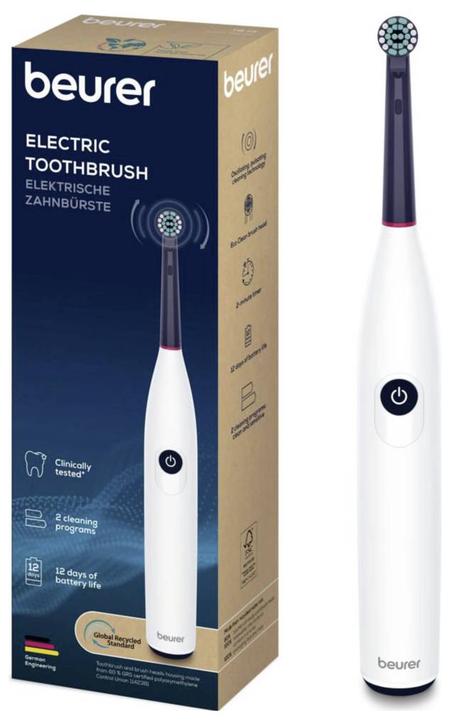 Beurer elektrische Zahnbürste mit 2 Reinigungsprogrammen und 12-tägiger Akkulaufzeit; klinisch getestet.