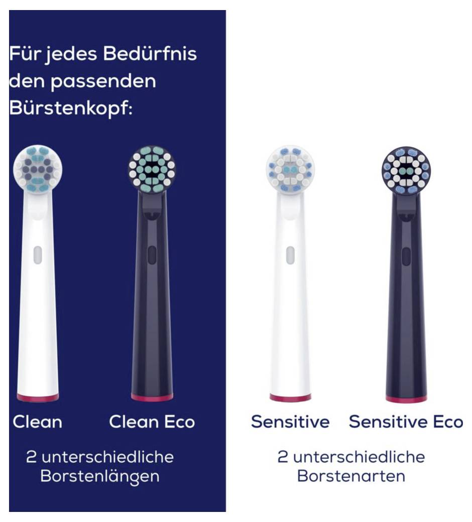 Vier Zahnbürstenköpfe: 'Clean' und 'Clean Eco' links, beide mit zwei verschiedenen Borstenlängen. 'Sensitive' und 'Sensitive Eco' rechts.